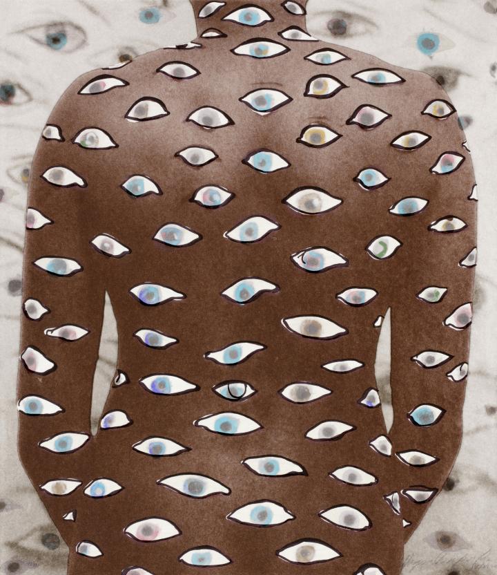 Eyes drawn all over a person's body.