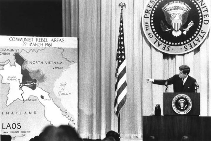 JFK's press conference featuring a map of southeast Asia on the area of communist freedom fighters in the region of Vietnam and Lao.