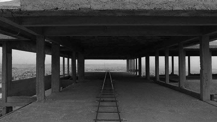 Black and white image of a construction site